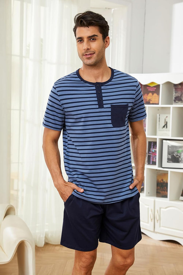 Schlafanzug Herren Kurz aus Baumwolle mit Kontraststreifen Design, Sommer Pyjama Set Oberteile und K