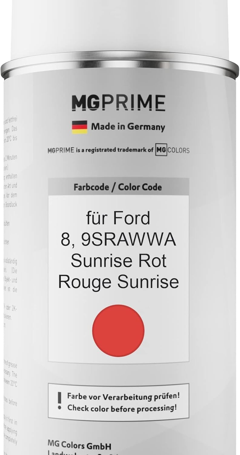 MG PRIME Autolack Sprühdosen Set für Ford 8 / 9SRAWWA Sunrise Rot/Rouge Sunrise Basislack Klarlack S