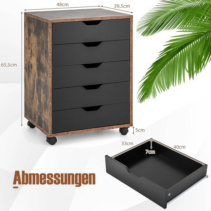 GOPLUS Schubladenschrank mit Rollen, Rollcontainer mit 5 Schubladen, Griffmulden, mobiler Bürocontai