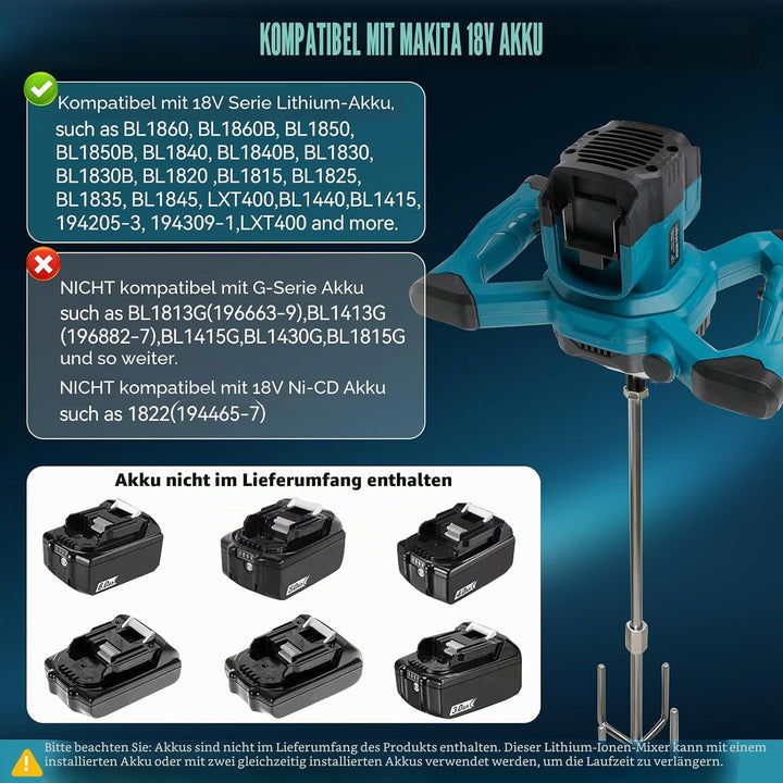 Akku Farbmörtelrührer Kompatibel mit Makita 18V Batterie, Bürstenlos Rührwerk Mörtelrührer Tragbarer