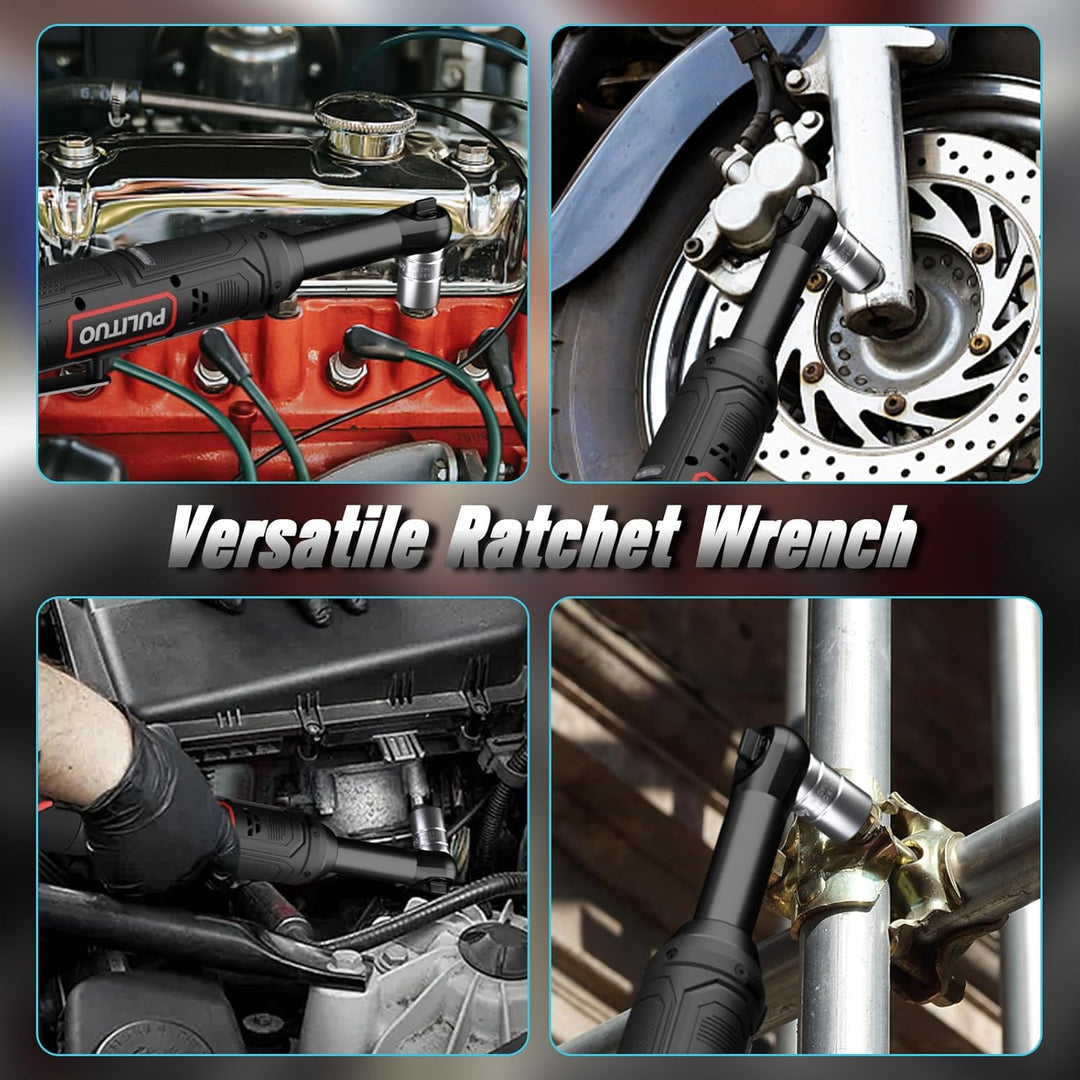 PULITUO 12V 3/8" verlängertem Hals Elektrische Ratschenschlüssel Set, 40Ft-lbs verlängerter Akku Rat