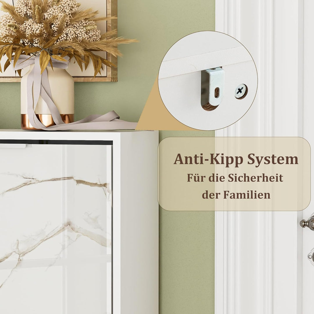 UEV Schuhschrank mit 3 Klappen Holz Schmal Marmormuster Schuhkipper Schuhkommode mit Kippschutz, Sch