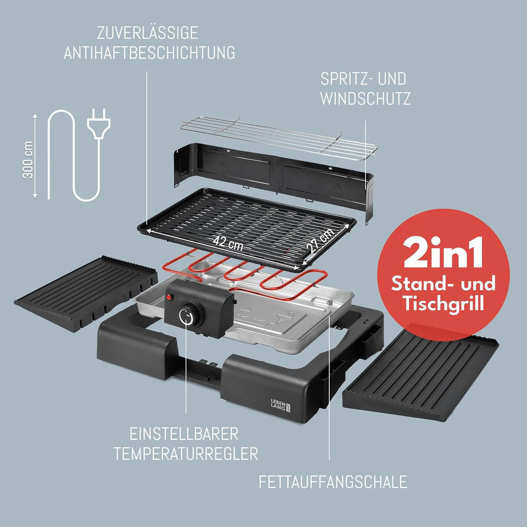 LEBENLANG 2in1 Elektrogrill Tischgrill elektrisch - Inkl. Standfuss & Grillzange I Elektro Grill für