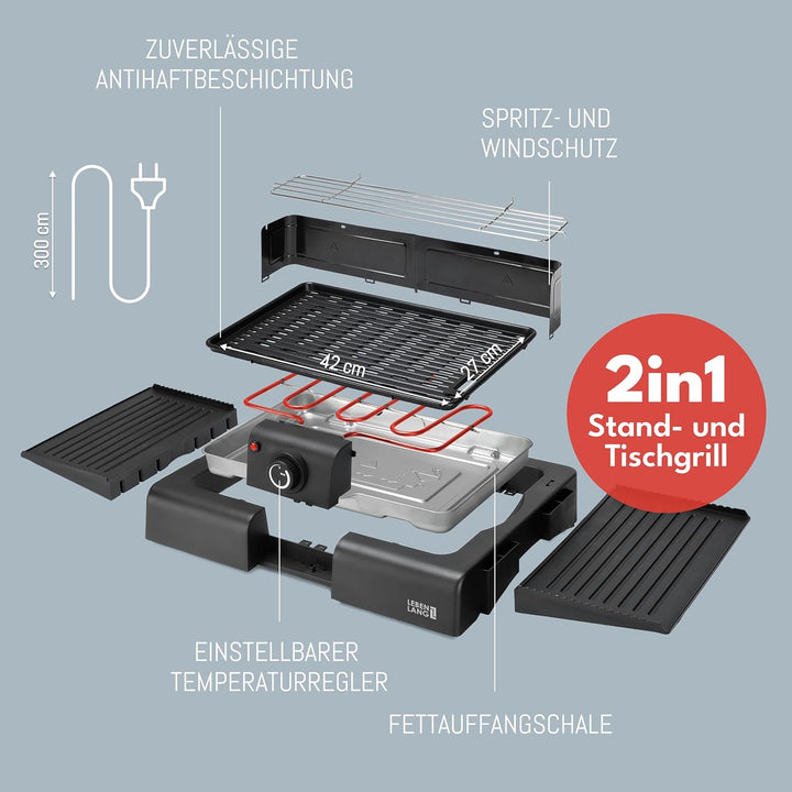 LEBENLANG 2in1 Elektrogrill Tischgrill elektrisch - Inkl. Standfuss & Grillzange I Elektro Grill für
