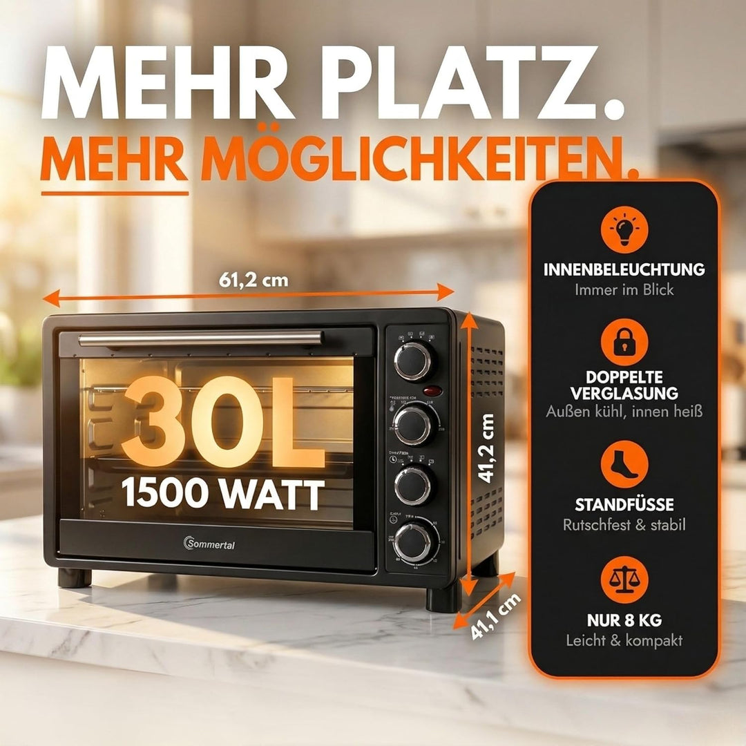 Minibackofen 30 Liter mit Drehspiess & Umluft, 1500W, 100–230°C, 60 Min. Timer, Hähnchengrill Mini B