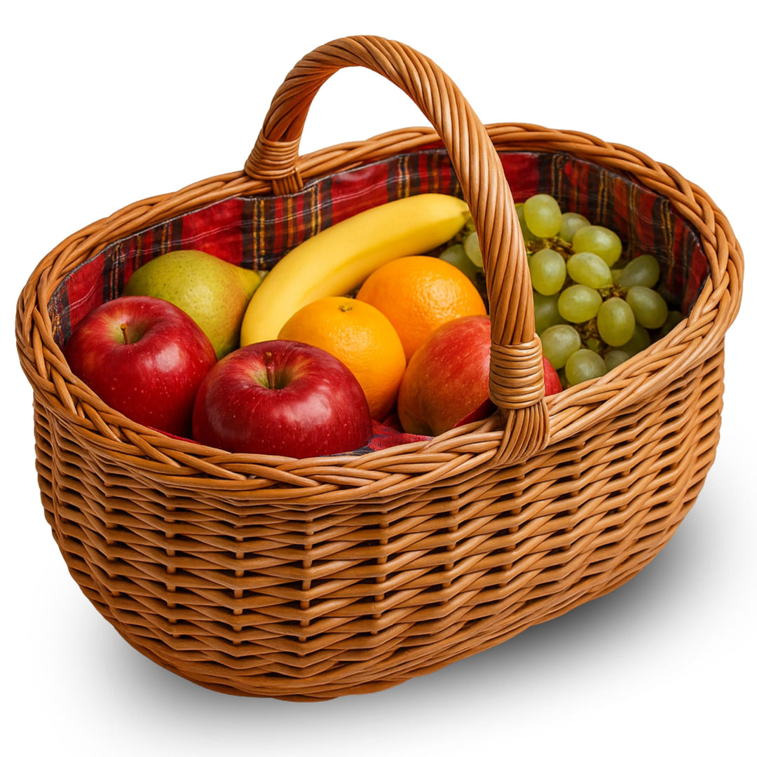 Ovaler Weidenkorb mit Henkel und Stoffeinsatz – Handgefertigter Einkaufskorb aus Naturmaterial, 45cm