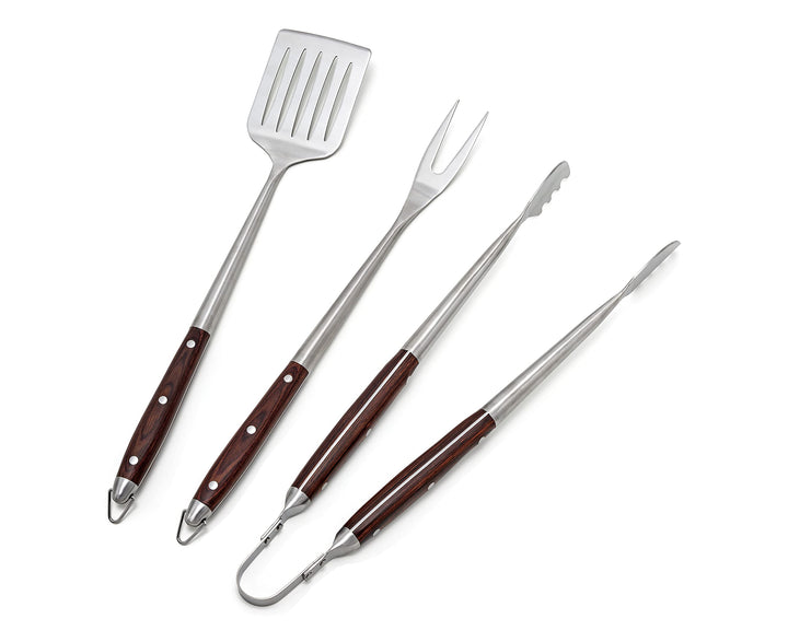 TBS Deluxe Edelstahl Besteck Set mit Holzgriff 3-er Set mit Grillwender, Grillgabel und Grillzange