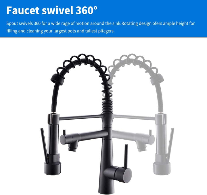 TIMACO Wasserhahn Küche Schwarz - 360° schwenkbar mit Spiralfeder Brause ausziehbar Gastro Hochdruck