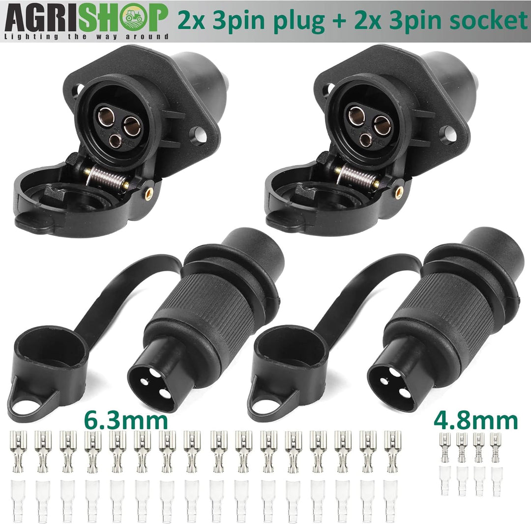 2Stück Anhänger Stecker 3polig 12v 24v und 2Stück Steckdose 3-Polig,Wasserfester Traktor Steckdose S