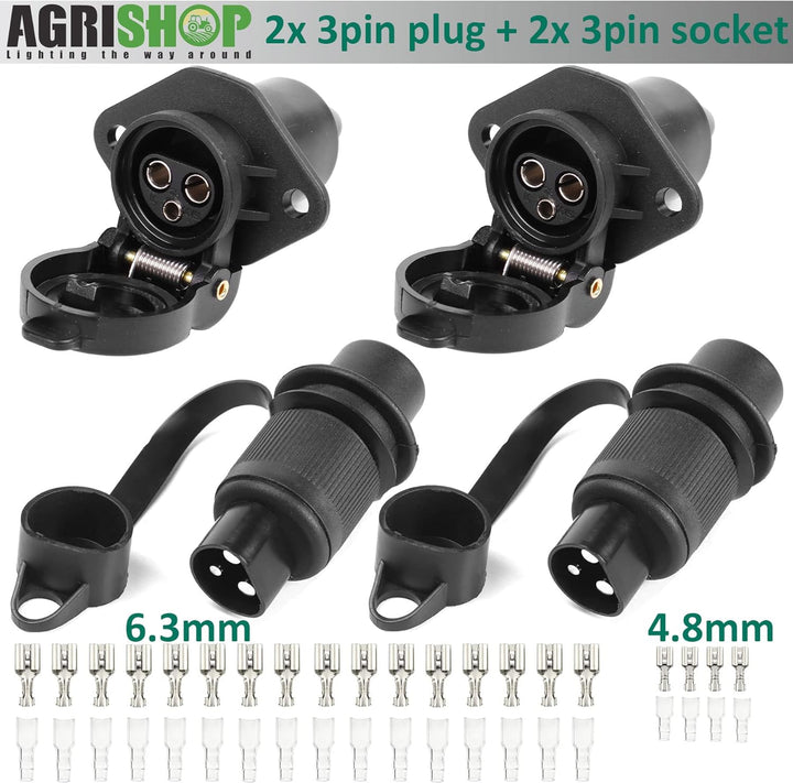 2Stück Anhänger Stecker 3polig 12v 24v und 2Stück Steckdose 3-Polig,Wasserfester Traktor Steckdose S