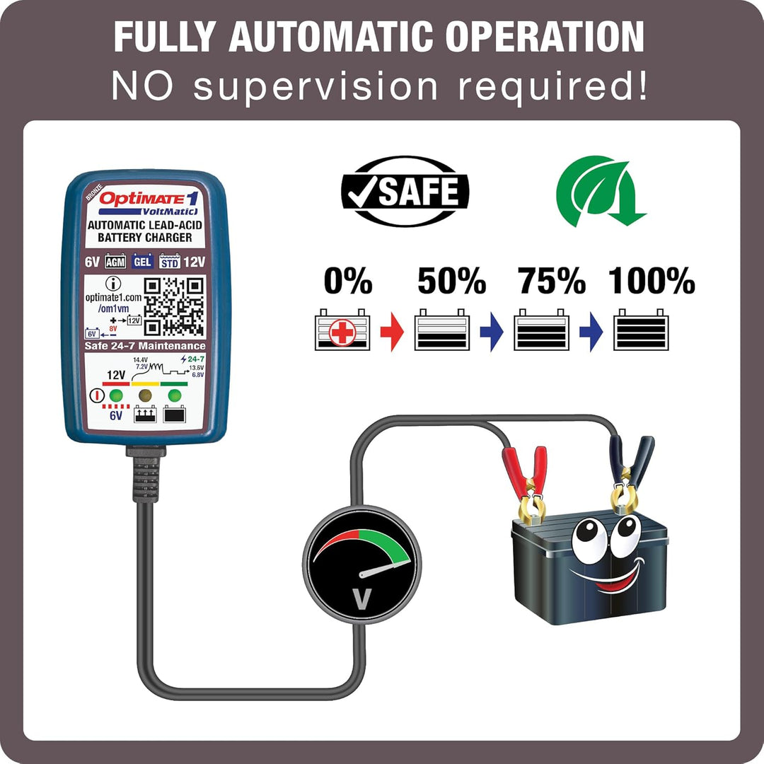 TecMate Optimate 1 VoltMatic, TM-400a, 4-stufiges 6V / 12V 0.6A Batterieladegerät und -wartung