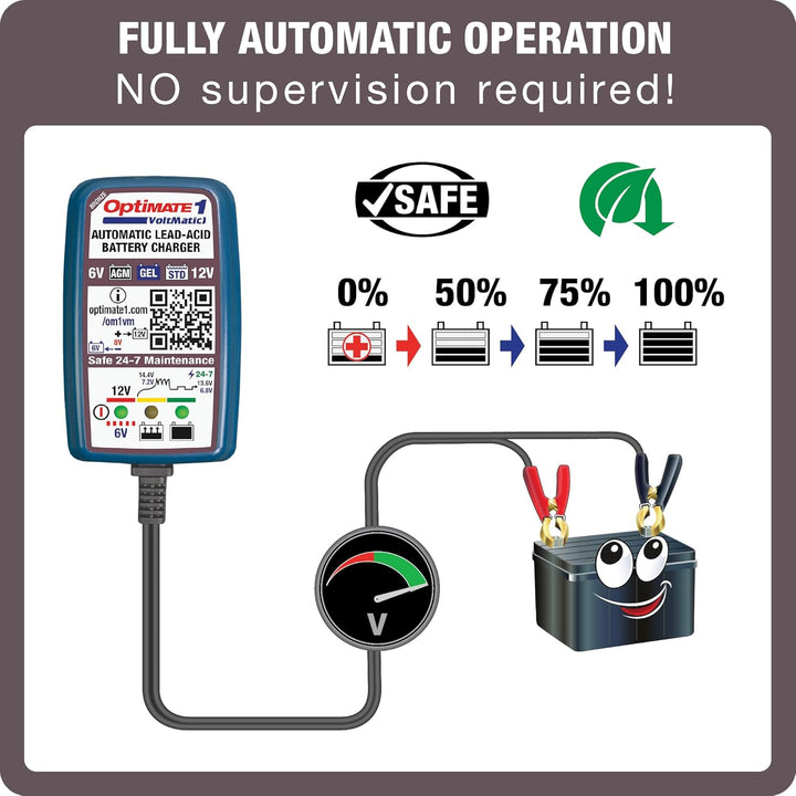 TecMate Optimate 1 VoltMatic, TM-400a, 4-stufiges 6V / 12V 0.6A Batterieladegerät und -wartung