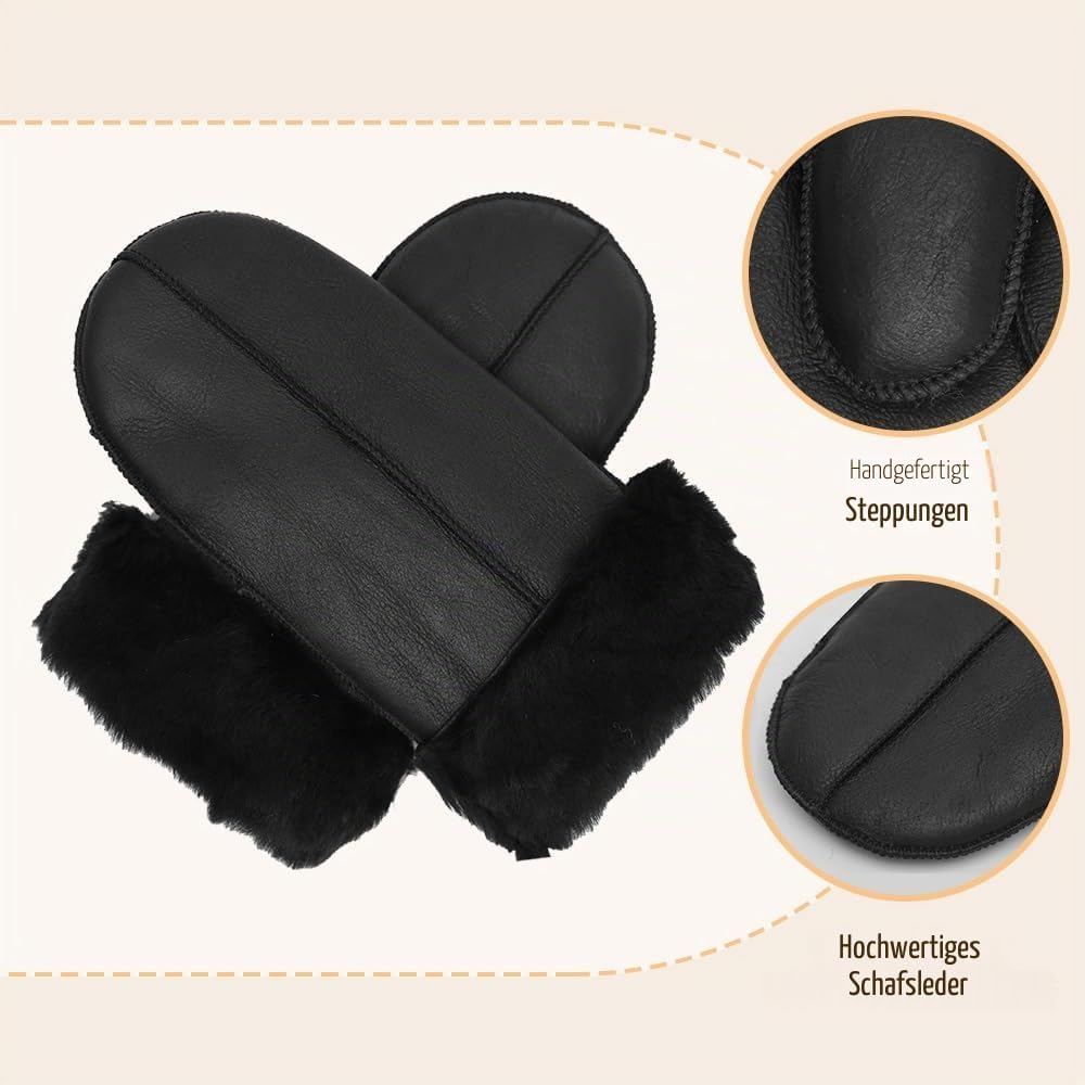 MGGMOKAY Damen Lammfell Shearling Fäustlinge Warme Winter Lederhandschuhe XS Schwarz, XS Schwarz