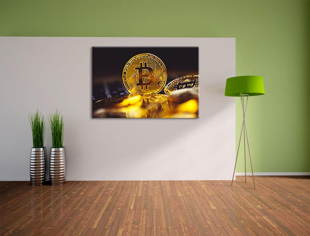 Pixxprint Bitcoin BTC zwischen Münzen als Leinwandbild | Grösse: 120x80 cm | Wandbild | Kunstdruck |