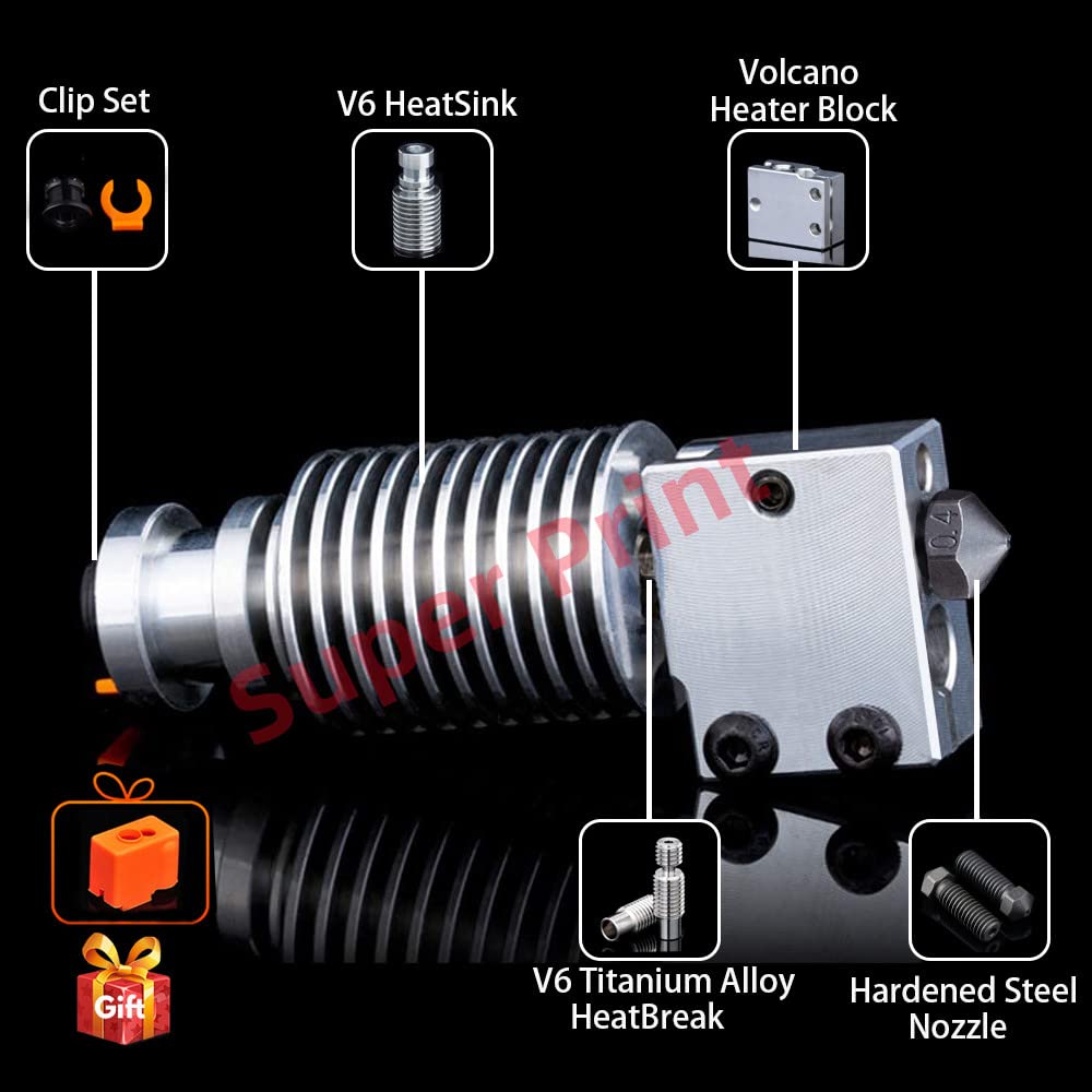 Super Print V6 Volcano Hotend,HeatSink,Heater Block,Titanium Alloy Heatbreak,Hardened Steel Nozzle,f