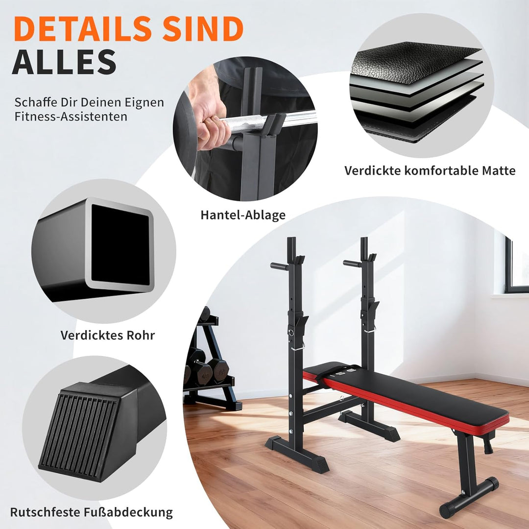 ISE Hantelbank, faltbar, verstellbar, mit Stangenhalterung, für Hantel und Dip-Station, verstellbar,