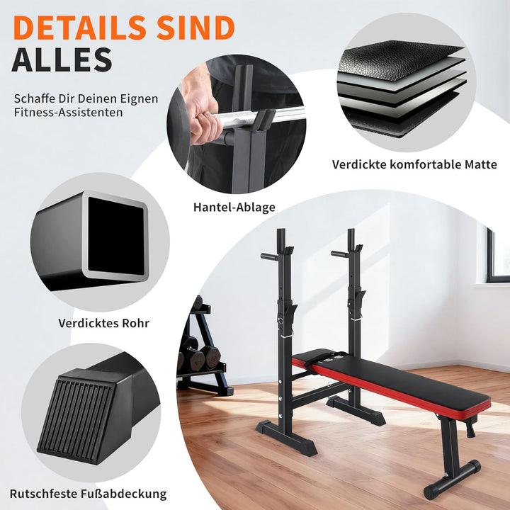 ISE Hantelbank, faltbar, verstellbar, mit Stangenhalterung, für Hantel und Dip-Station, verstellbar,
