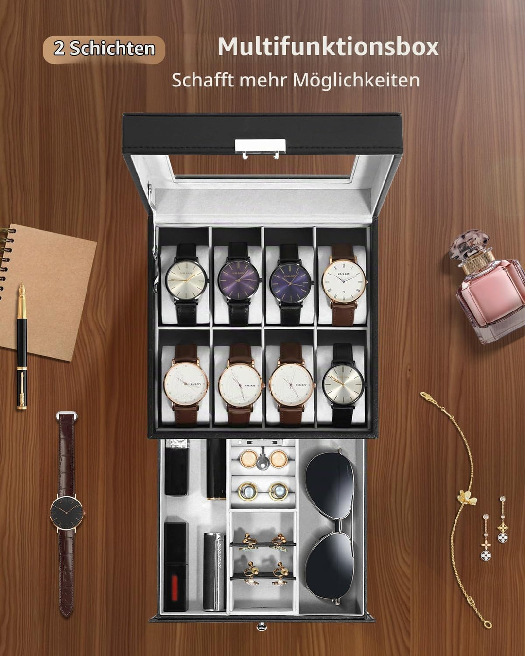 Uten Uhrenbox, 8 Fächern und 1 Schublade mit Schlüsselschloss, Glasdeckel, Schwarzes PU, Graues Samt