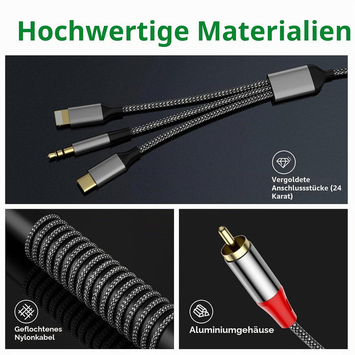 3-in-1 RCA-Audiokabel, verwendet für Lig-htn-ing zu RCA-Kabeladapter, USB C zu 2 R-CA-Kabel, 3.5mm A