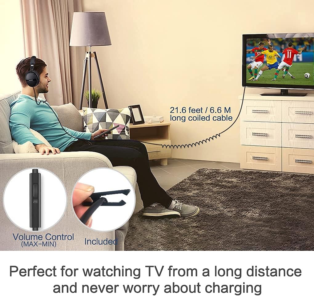 SIMOLIO TV Kopfhörer mit Langem Kabel für Fernseher, 15ft Spule Kabel Plus 6.6ft Verlängerungskabel,