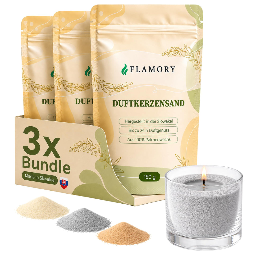 Kerzensand mit Duft Cozy Set 3x150g – Candle Sand [Vanille/Sandelholz/Moschus] – 9 Dochte inklusive