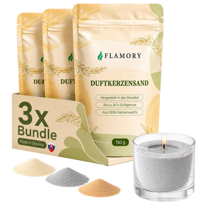 Kerzensand mit Duft Cozy Set 3x150g – Candle Sand [Vanille/Sandelholz/Moschus] – 9 Dochte inklusive