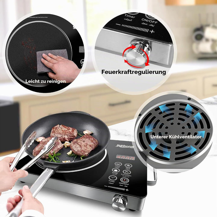 Glaskeramikkochfeld 4000W Einzelplatte, Elektrokochfeld mit 6 Stufen, Touch & Drehregler, Timer, Übe