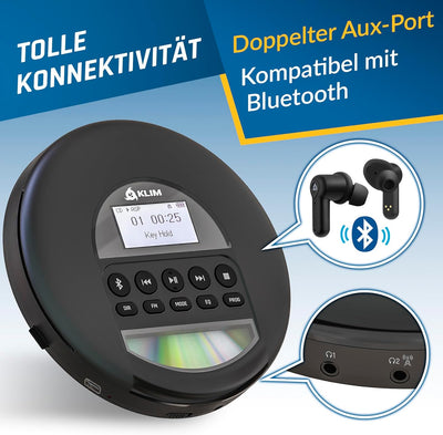 KLIM Nomad - Tragbarer CD-Player Discman mit langlebigem Akku - Inklusive Kopfhörer - Kompatibel mit