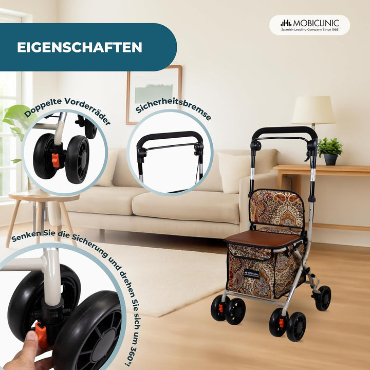 Mobiclinic®, Einkaufswagen mit Sitz, Faltbarer Rollator für Erwachsene, 21 L, Rückenlehne, 4 Räder,
