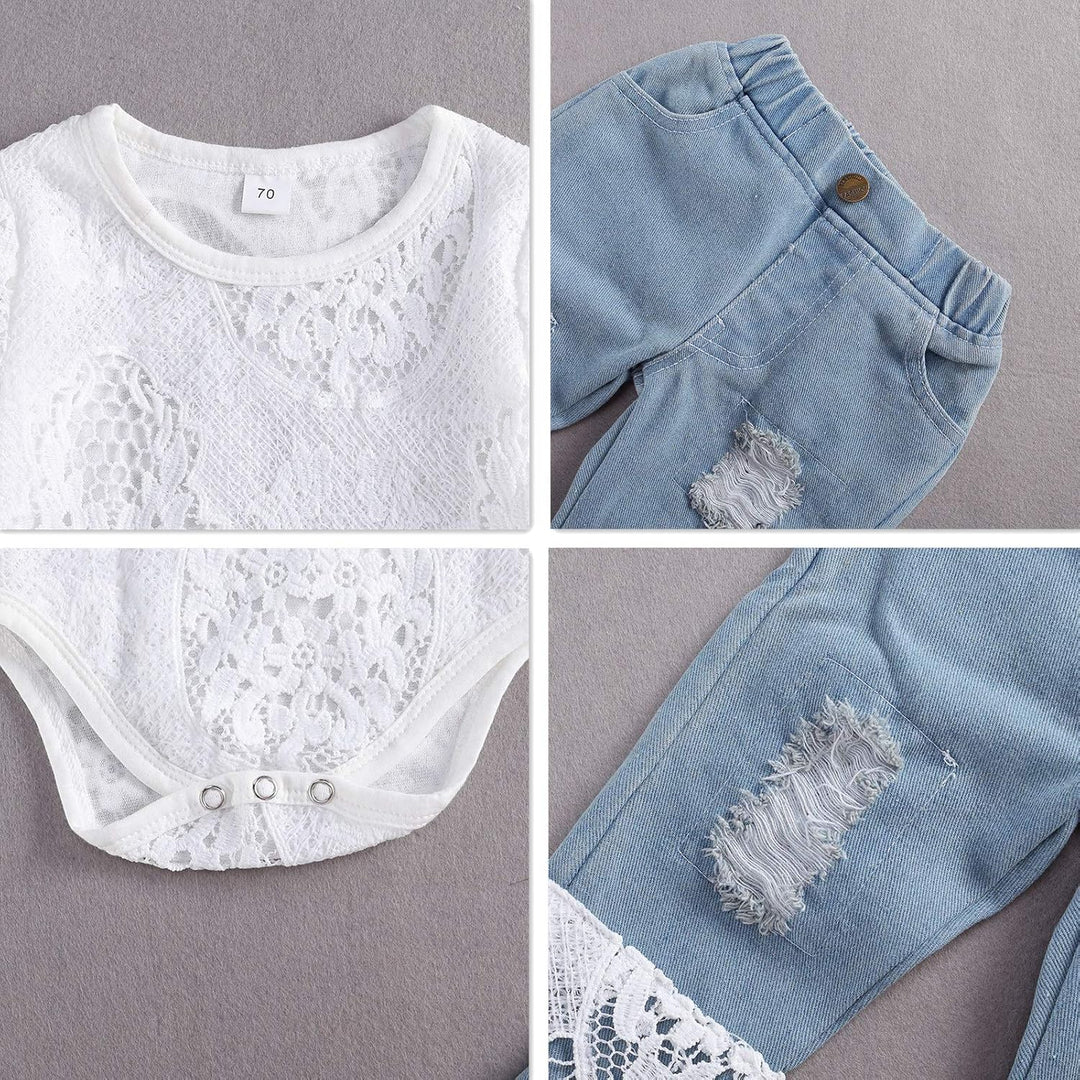 Geagodelia Babykleidung Set Baby Mädchen Kleidung Outfit Langarm Spitze Body Strampler + Jeans Hose