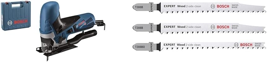 Bosch Professional Stichsäge GST 90 E (1x Sägeblatt, Absaug-Set, Spanreissschutz, im Koffer) + 3x St