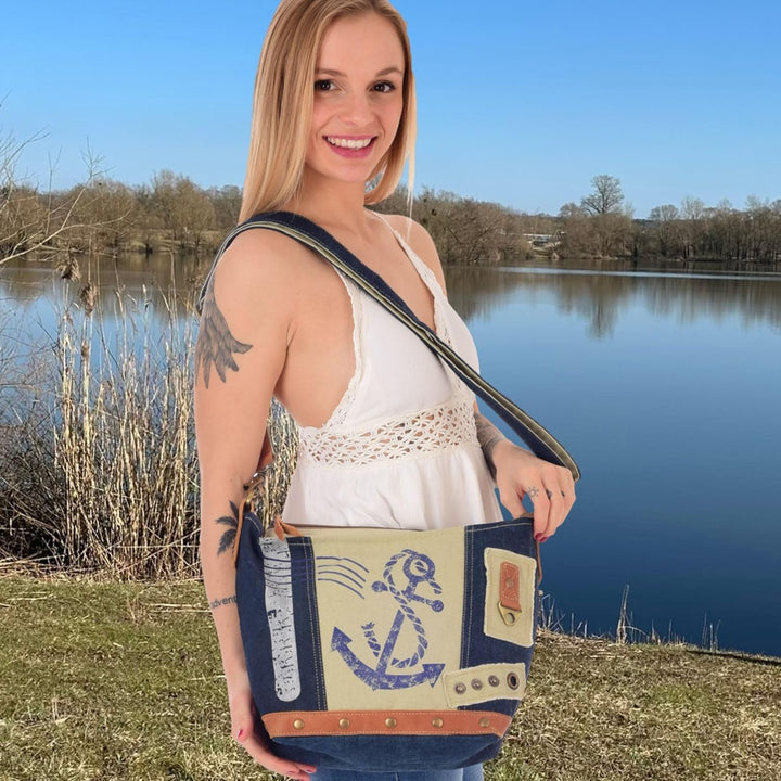 Sunsa Damen Tasche Umhängetasche. kleine Canvas Bag mit Recycelte Jeans und Leder. Vintage Design Ta