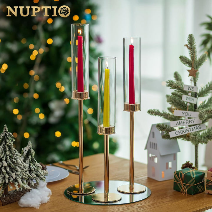 Nuptio Glaszylinder für Kerzen Kerzenhalter Gold: 60 & 55 & 50cm Gross Klarglas Metall Kerzenständer