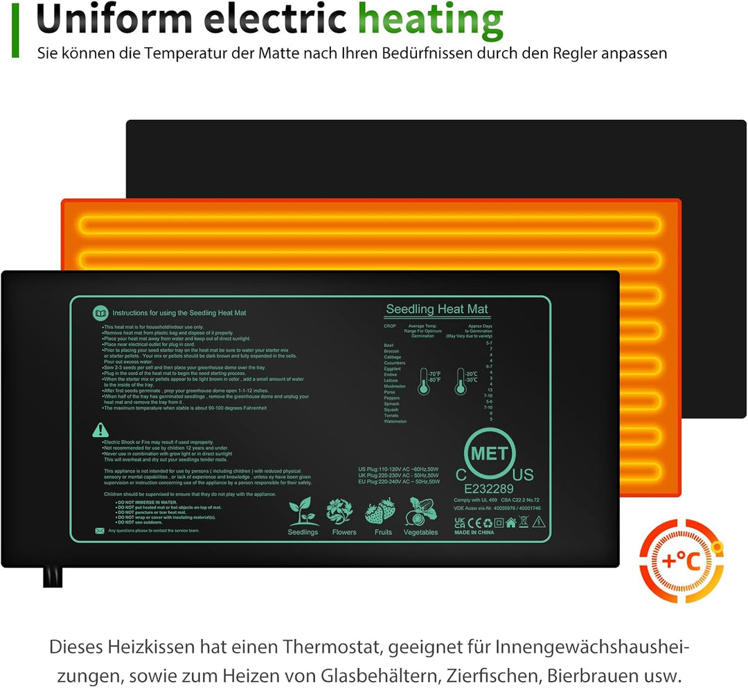 Heizmatte Wärmematte Pflanzen mit Thermostat, Mini Indoor Gewächshaus Heizkissen 25 x 52.5cm, Zimmer