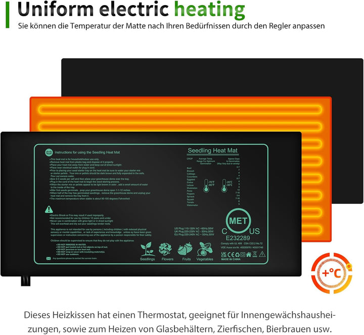 Heizmatte Wärmematte Pflanzen mit Thermostat, Mini Indoor Gewächshaus Heizkissen 25 x 52.5cm, Zimmer