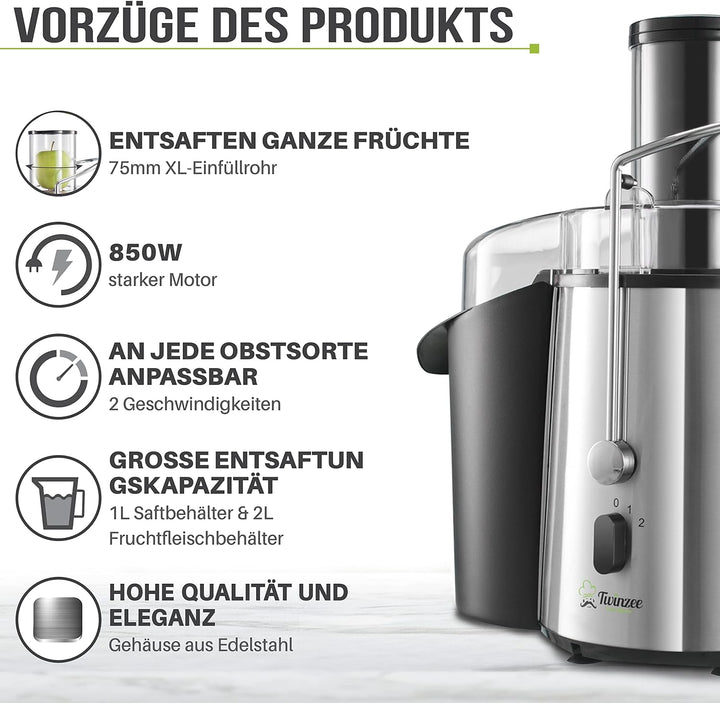 Twinzee Zentrifugal Entsafter Gemuse und Obst Elektrisch - Saftpresse Gemüse und Obst - Leistungssta