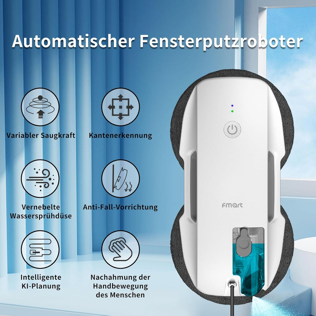 Fmart Fensterreiniger, fensterputzroboter mit Wasserstrahl, 3800pa Starke Saugkraft, mehrfacher Sich