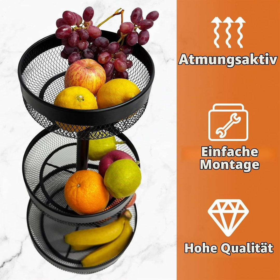 Afeeler 3-Stöckig runde Obst Etagere Schwarz, Elegante Obstkorb Brotkorb aus Metall, Obstteller Etag