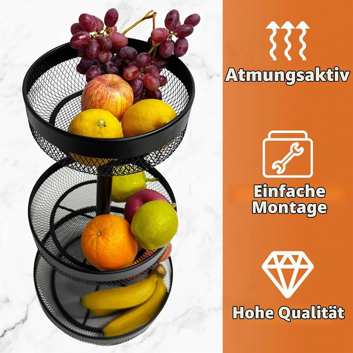 Afeeler 3-Stöckig runde Obst Etagere Schwarz, Elegante Obstkorb Brotkorb aus Metall, Obstteller Etag