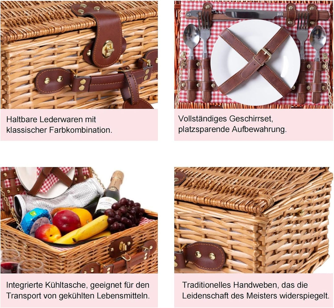 eGenuss Handgefertigtes Picknickkorb für 2 Personen – Kühlfach, Multifunktionsmesser, Edelstahlbeste