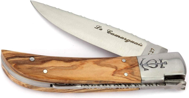 Le Camarguais 12 cm Taschenmesser 20007C - Griffschalen Oliven-Holz - Klinge 10 cm Stahl 12C27-1 Bac
