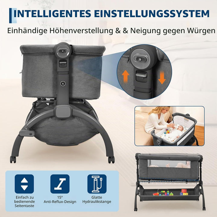 GarveeTech Beistellbett Baby höhenverstellbar mit Matratze, Mesh-Seiten, Wiegefunktion, Rollen mit B