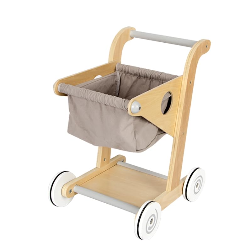 Holz Kinder Einkaufswagen Spielzeug, Mini Einkaufswagen für Kinder mit Stoffkorb, Stabiler Laufwagen