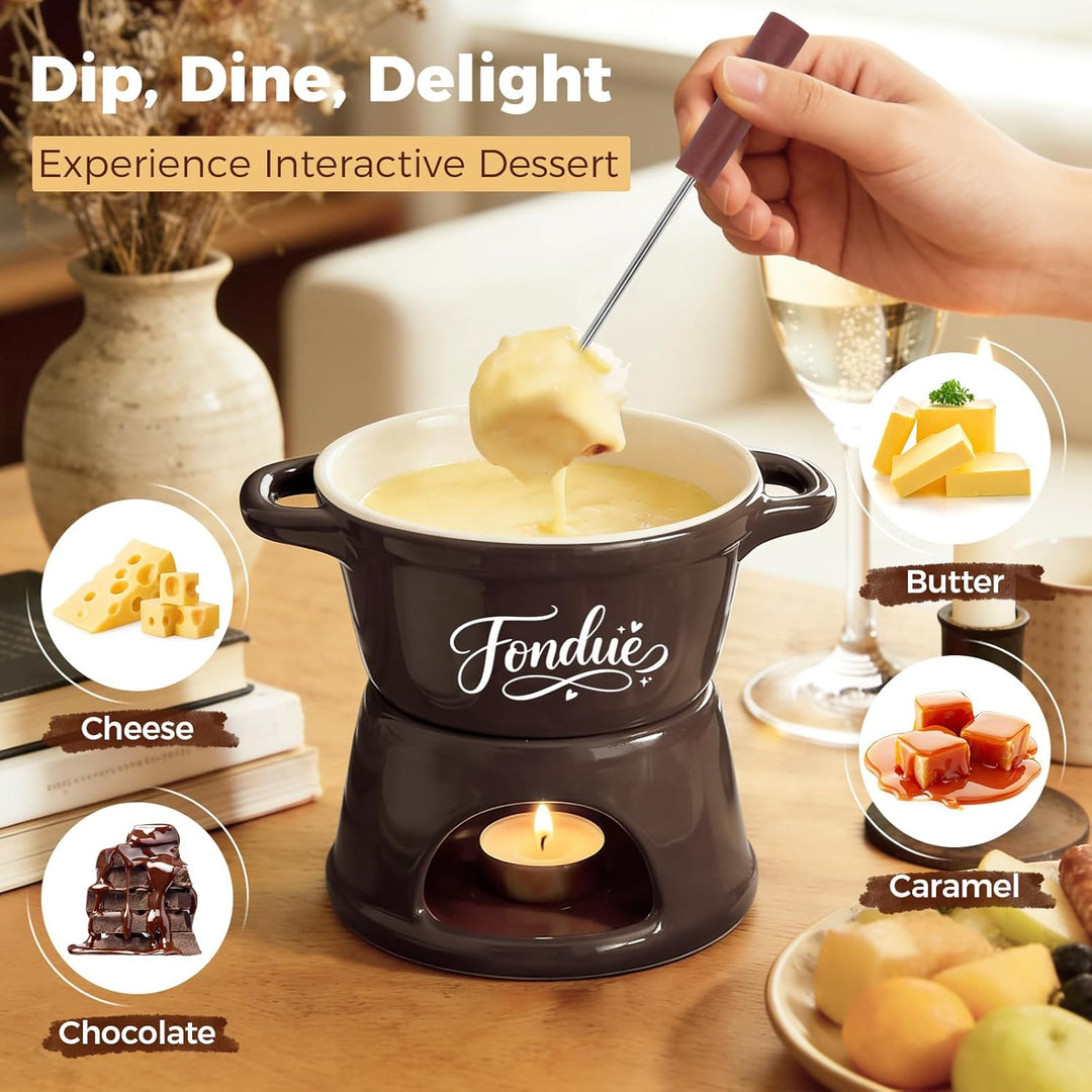 Yoassi Keramik Käsefondue Set, Mini Schokoladenfondue Tasse, Käsebecher mit 4 Gabeln, zum Schmelzen
