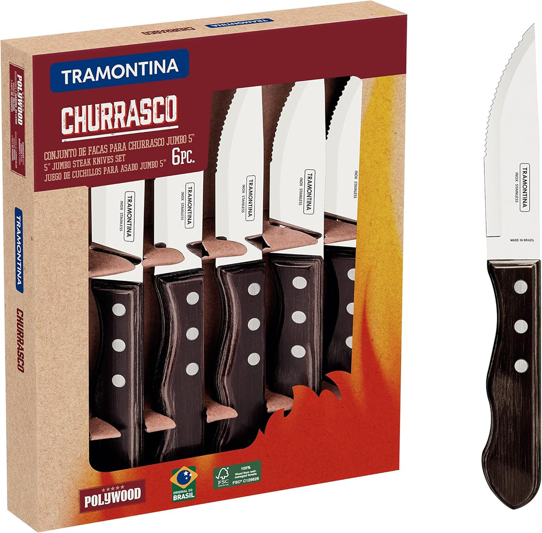Tramontina JUMBO Steakmesser-Set, rostfreiem Edelstahl, spülmaschinenfest, Griffe aus Echtholz, FSC,