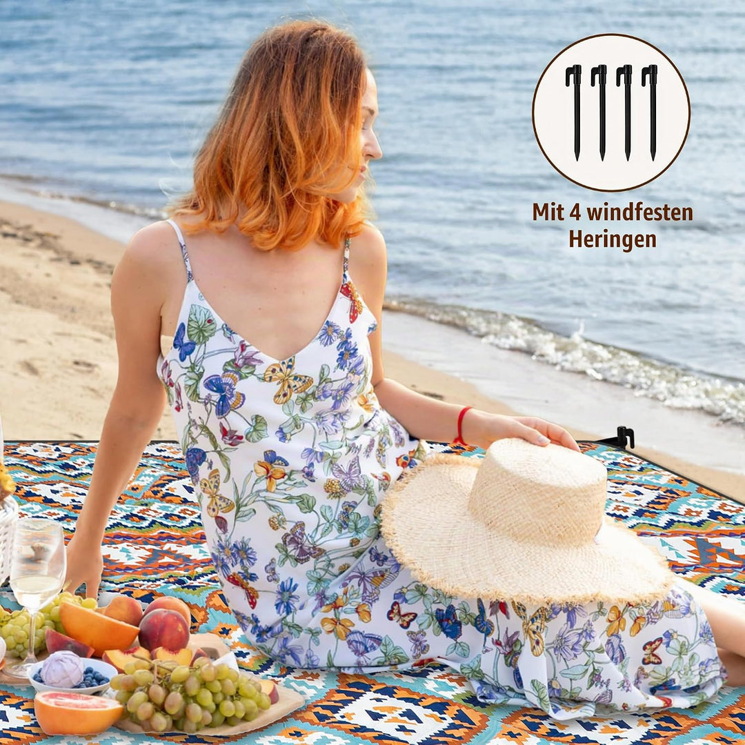 Gucass Boho Picknickdecke 200x200cm, Wasserdicht Stranddecke Sandfrei Strandmatte mit Tragegurt &amp; 4X