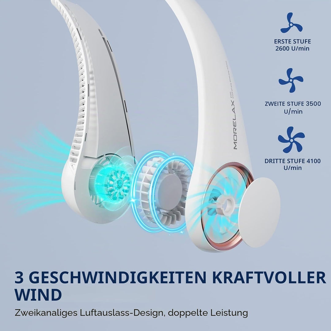 Morelax Tragbarer Hals Ventilator,4000 mAh Batteriebetriebener Tragbarer Persönlicher Ventilator,USB