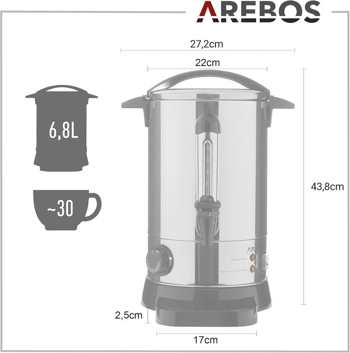 Arebos Glühweinkocher 950 W | Heissgetränkespender | 6,8 L | mit Auffangschale, Auslasshahn, Thermos