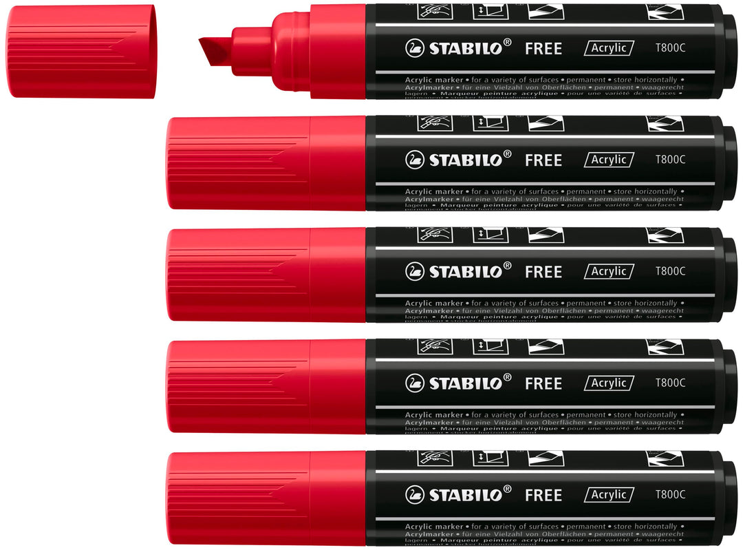 Acrylmarker - STABILO FREE Acrylic - T800C Keilspitze 4-10mm - 5er Pack - karmin