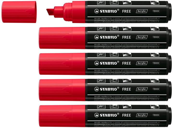 Acrylmarker - STABILO FREE Acrylic - T800C Keilspitze 4-10mm - 5er Pack - karmin